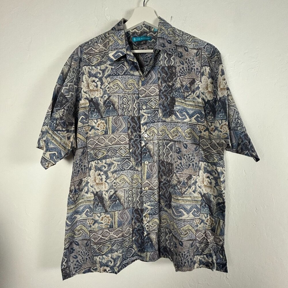 Tori Richard Mens Floral Geometric Print Short Sleeve Hawaiian Shirt Large Blue